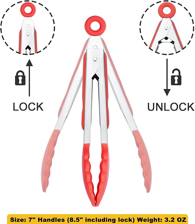 HINMAY 7-Inch Mini Silicone Tongs Small Serving Tongs for Appetizers, Set of 3 (Red) - Image 3