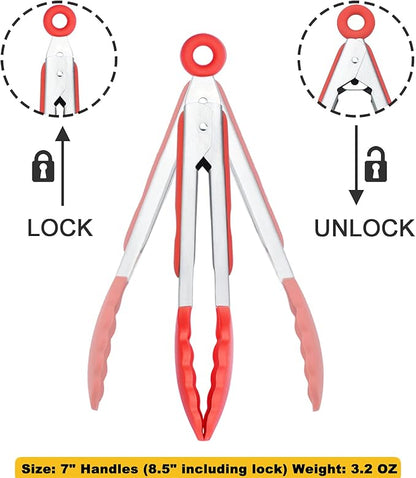 HINMAY 7-Inch Mini Silicone Tongs Small Serving Tongs for Appetizers, Set of 3 (Red) - Image 3