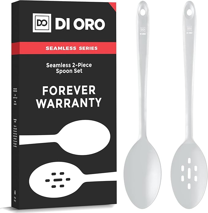 DI ORO Silicone Spoons for Cooking - Large Kitchen Utensils for Mixing, Serving, & Stirring - 600F Heat-Resistant Non Stick - Big Solid & Slotted Basting Spoons - Dishwasher Safe (2pc, Stone) by DIORO