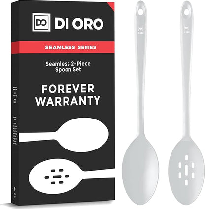 DI ORO Silicone Spoons for Cooking - Large Kitchen Utensils for Mixing, Serving, & Stirring - 600F Heat-Resistant Non Stick - Big Solid & Slotted Basting Spoons - Dishwasher Safe (2pc, Stone) by DIORO