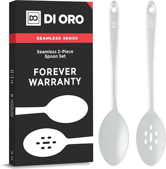 DI ORO Silicone Spoons for Cooking - Large Kitchen Utensils for Mixing, Serving, & Stirring - 600F Heat-Resistant Non Stick - Big Solid & Slotted Basting Spoons - Dishwasher Safe (2pc, Stone) by DIORO