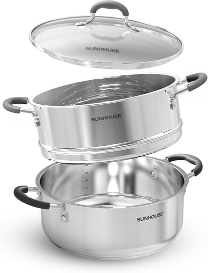 SUNHOUSE - 4.6 Quart Steamer Pots with Lid 2-Tier Multipurpose Stainless Steel Steaming Pot Cookware with Handle for Vegetable, Dumpling, Sauce, Food - Triple Bottom, Measurement Line by SUNHOUSE