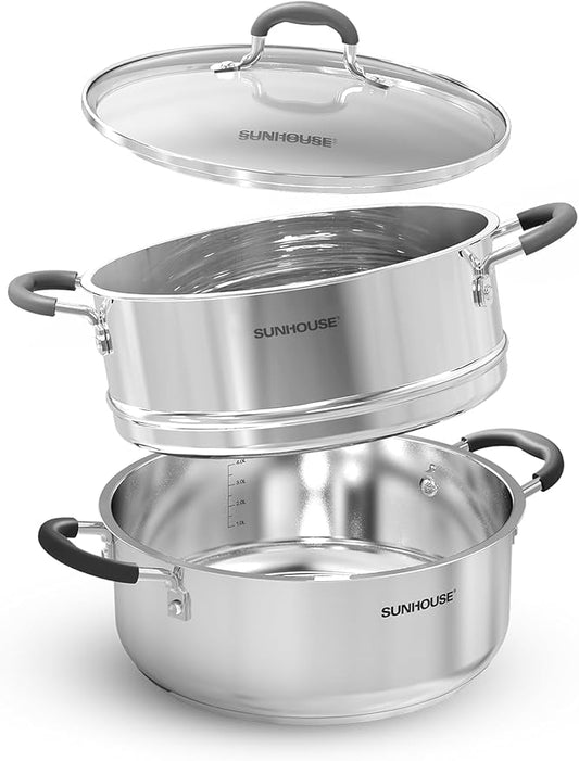 SUNHOUSE - 4.6 Quart Steamer Pots with Lid 2-Tier Multipurpose Stainless Steel Steaming Pot Cookware with Handle for Vegetable, Dumpling, Sauce, Food - Triple Bottom, Measurement Line by SUNHOUSE