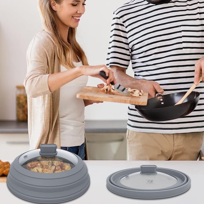 Microwave Splatter Cover Glass Splatter Guard Lid with Collapsible Silicone for Food Pot Plate Cover 11.8 inch Light Grey - Image 8