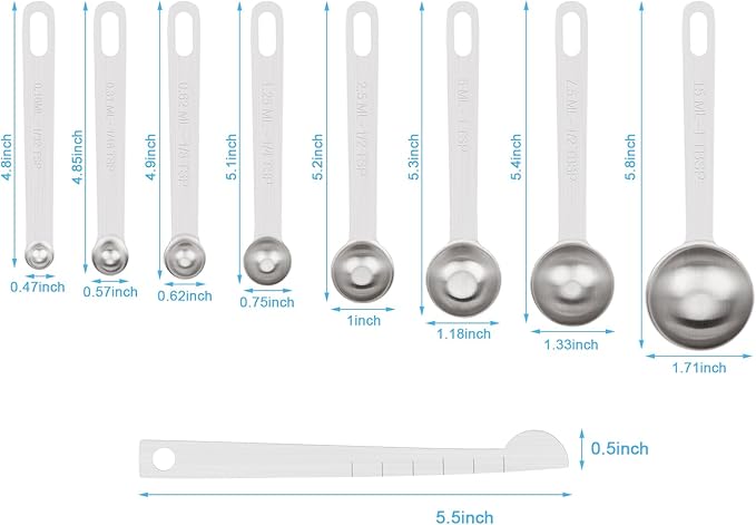 Upgrade 9 PCS Stainless Steel Measuring Spoons Set, Small Tablespoon, Teaspoons, Set 8 with Bonus Leveler for Dry and Liquid, Fits in Spice Jars, 1/32 1/16 1/8 1/4 1/2 1 tsp, 1/2 1 tbsp - Image 2