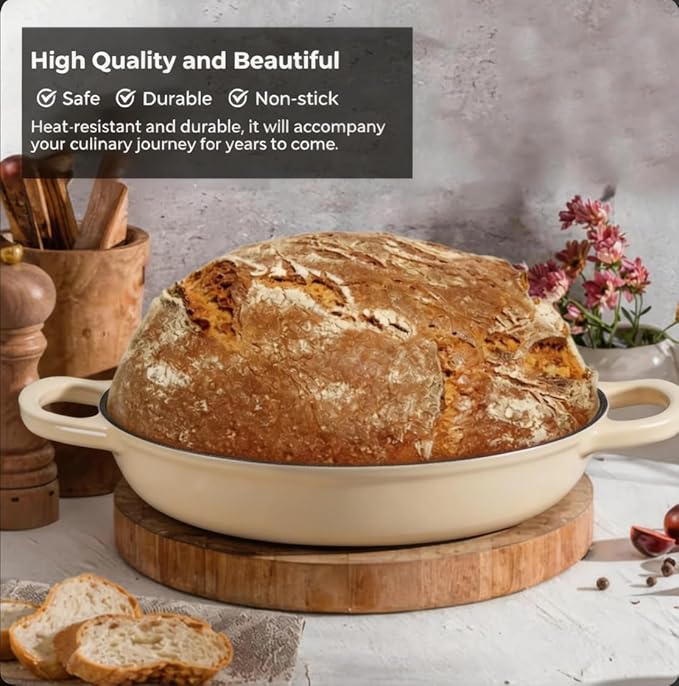 Cast Iron Bread Oven for Sourdough, 6Qt Bread Baking Pan with Lid, Enameled Sourdough Dutch Oven for Bread Baking, Oven Safe up to 482℉, Latte