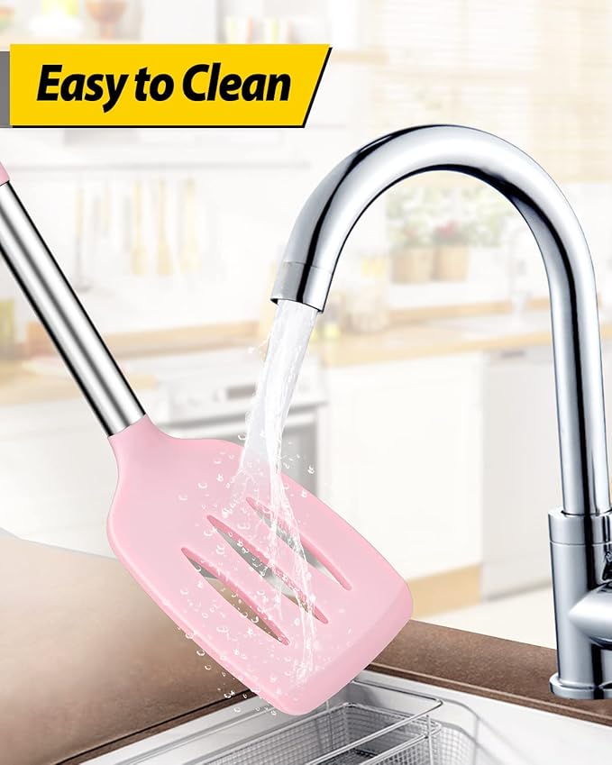 Pack of 4 Silicone Cooking Utensils Set, Non Stick Large Solid Spatulas, Heat Resistant Pink Slotted Spoons, Ideal BPA Free Kitchen Turners for Frying, Mixing,Serving,Draining,Turning,Stirring - Image 5
