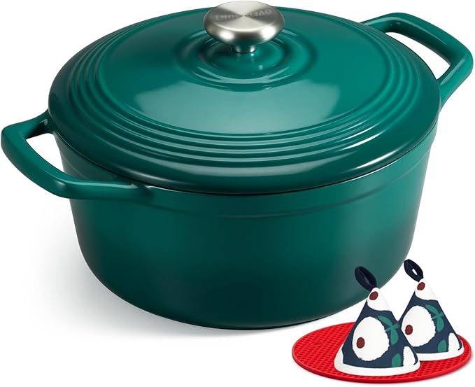 Overmont Enameled Cast Iron Dutch Oven - 5.5QT Pot with Lid Cookbook & Cotton Potholders - Heavy-Duty Cookware for Braising, Stews, Roasting, Sourdough Baking Bottle green by Overmont