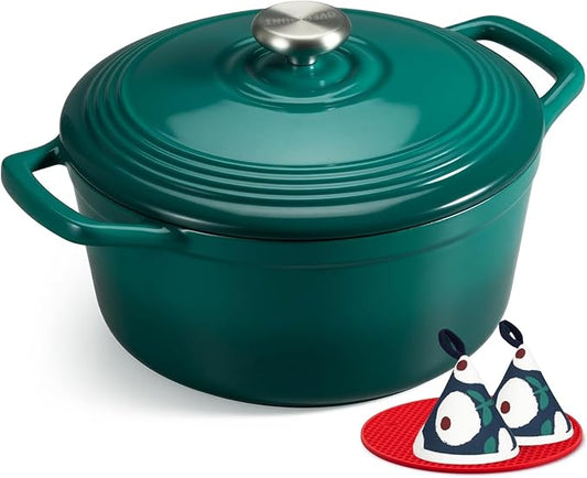 Overmont Enameled Cast Iron Dutch Oven - 5.5QT Pot with Lid Cookbook & Cotton Potholders - Heavy-Duty Cookware for Braising, Stews, Roasting, Sourdough Baking Bottle green by Overmont