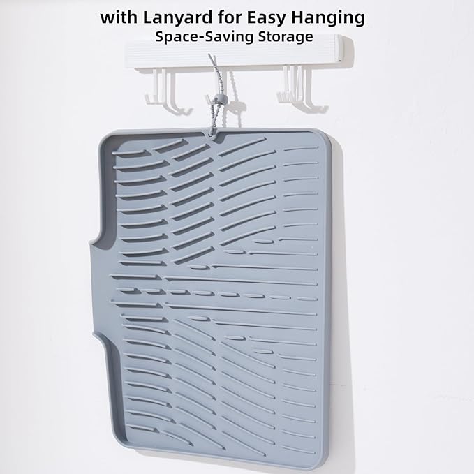 Silicone Dish Drying Mat for Kitchen Counter Sink,16"x13" Gray Rubber Dish Drying Mat with Drain Lip & Lanyard,Non-Slip dish drying Pad,silicone drying mat easy clean dish drain mat - Image 5