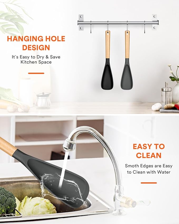 Cooking Spoon for Nonstick Cookwares, Great for Cooking and Serving Sturdy BPA-Free Matte Silicone, Wood Handle Spoon for Mixing, Scoop, and Scrape (Black & Grey, 13.4 inch) - Image 7