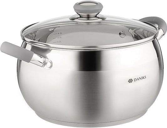 Daniks Modern 7 Quart Stainless Steel Stock Pot with Glass Lid, Tri-Ply Bottom for Even Heating, Induction Compatible, Dishwasher Safe, Heatproof Handles