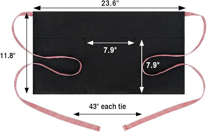 BOHARERS 3-Pocket Waist Apron With Red And White Plaid Shoulder Straps - Black Waitress Waiter Server Short Aprons - Image 6