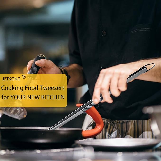 JETKONG 2 Pcs 12-Inch Food Tweezer Tongs, Stainless Steel Kitchen Tweezer Cooking Tweezers (Black) - Image 3