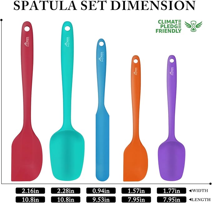 HOTEC Heat Resistant 600℉ Food Grade Silicone Rubber Spatula Set for Baking, Cooking, and Mixing Non Stick Dishwasher Safe BPA-Free Multicolor Set of 5 - Image 2