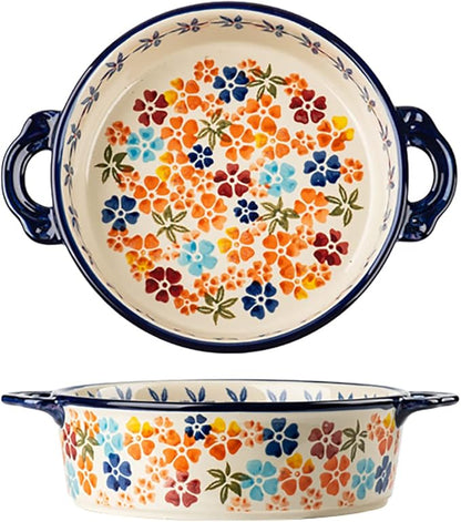 Colorful Cherry Blossom Flowers Vintage Style Ceramic Bakeware Dish Casserole Dish Baking Pan Lasagna Pans with Handles for Oven/Cooking/Kitchen, 1 PCS, 32 oz by Bicuzat