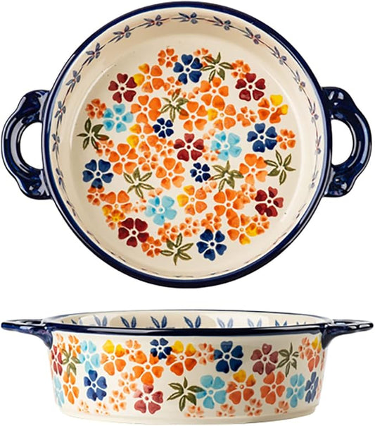 Colorful Cherry Blossom Flowers Vintage Style Ceramic Bakeware Dish Casserole Dish Baking Pan Lasagna Pans with Handles for Oven/Cooking/Kitchen, 1 PCS, 32 oz by Bicuzat