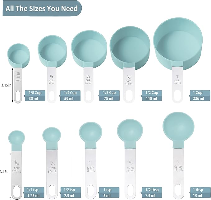 Measuring Cups and Spoons Set of Huygens Kitchen Gadgets 10 Pieces, Stackable Stainless Steel Handle Measuring Cups for Measuring Dry and Liquid Ingredient (Lake blue) - Image 2