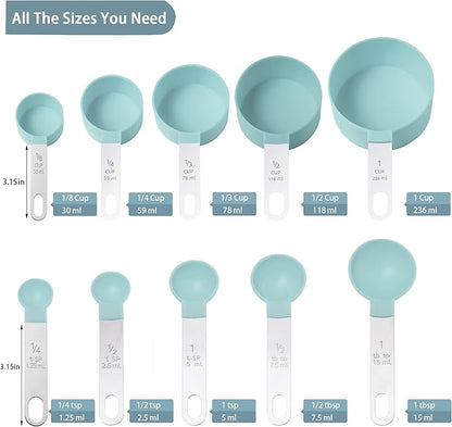 Measuring Cups and Spoons Set of Huygens Kitchen Gadgets 10 Pieces, Stackable Stainless Steel Handle Measuring Cups for Measuring Dry and Liquid Ingredient (Lake blue) - Image 2