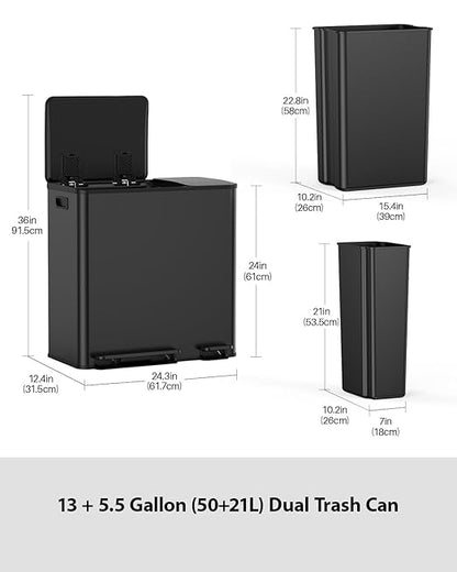 Lovewind Double Trash Can Kitchen, 13+5.5 Gallon Stainless Steel Dual Trash and Recycle Bin Combo with Silent Close Lid, Heavy-Duty Foot Pedal, Easy to Clean Garbage Can for Large Families, Black
