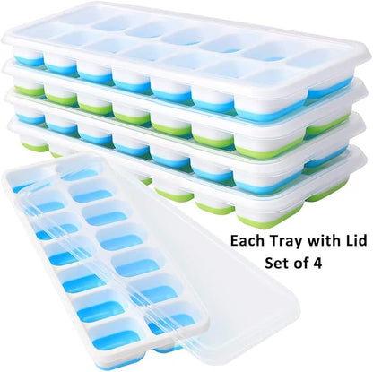 Ice Cube Tray with Lids BPA Free, 4 Pack - 56 Ice Flexible Easy Release Silicone Ice Tray for Freezer Stackable No Spill Ice Tray Dishwasher Safe for Cocktail, Whiskey, Fruit, Blue & Green