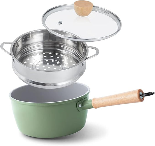ROCKURWOK Ceramic Nonstick Sauce Pan, 3 QT Pot with Steamer, Non Toxic & PFAS-Free, Wooden Handle for Cool Touch, Universal Base(Gas, Electric & Induction), Green by ROCKURWOK