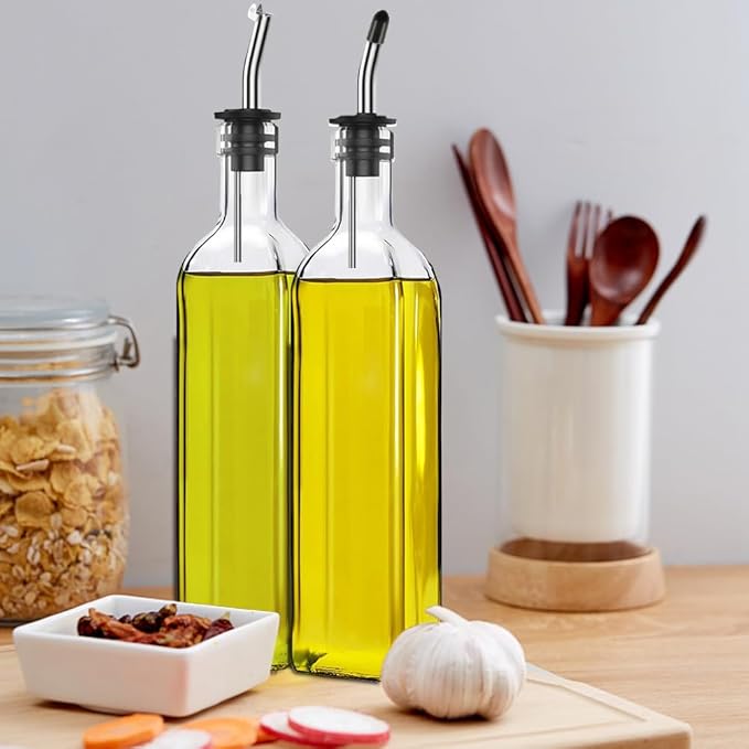 Leaflai Olive Oil Dispenser Bottle, 2 Pcs Glass Olive Oil Dispenser and Vinegar Dispenser Set with 2 Stainless Steel Pourers, 4 Labels,1 Brush and 1 Funnel Oil Bottles for Kitchen (500ml) - Image 2