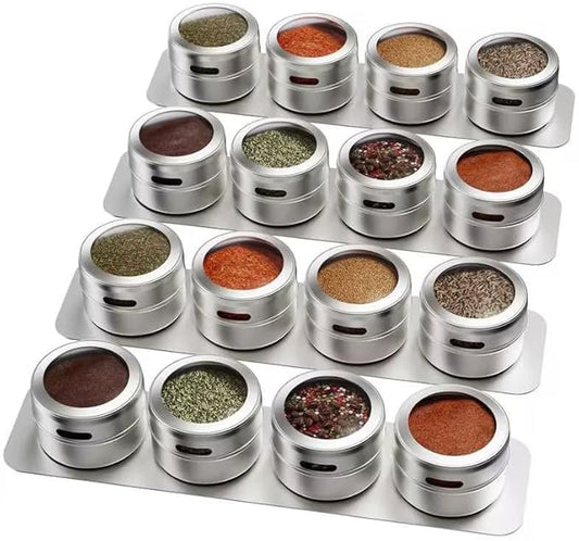 Vetacsion Set of 16 Magnetic Spice Tins with 4 Metal Wall-Plates,100 Preprinted Seasoning Label Stickers,2 Styles for 3 oz Herb Jars by HOMESTORAGE