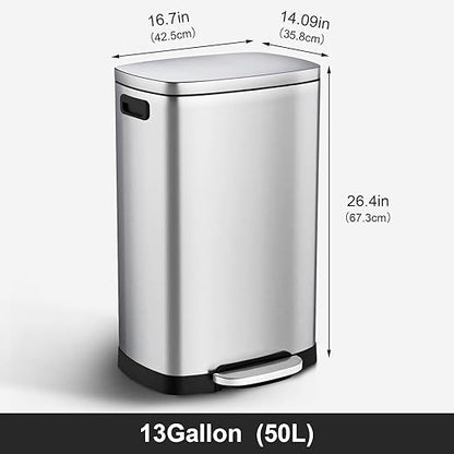 ELPHECO Kitchen Trash Can with Lid Soft Close,13 Gallon / 50L Stainless Steel Pedal Garbage Can, Heavy-Duty Fingerprint Proof Step Wastebasket with 20 Bags, Removable Bucket, Home Office, Silver - Image 4