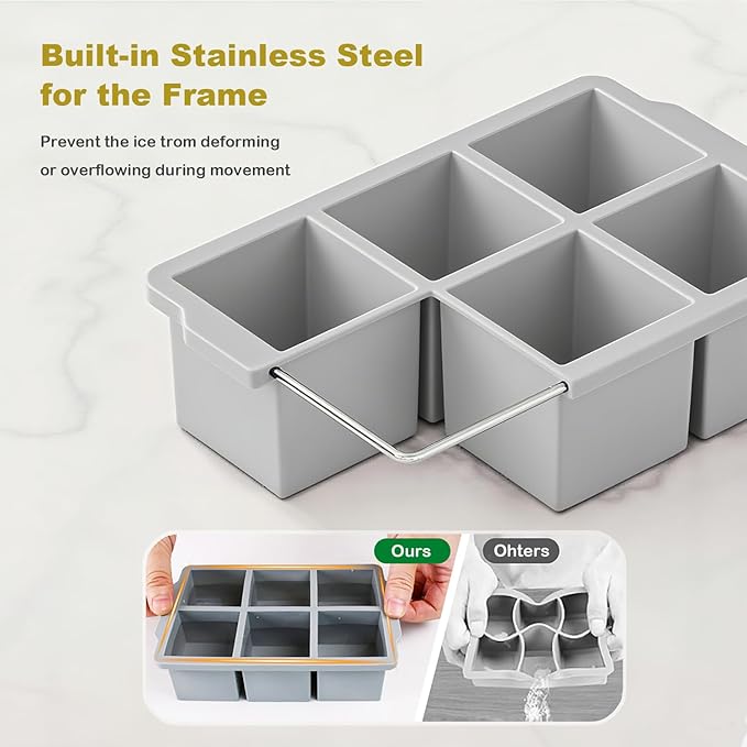 Large Ice Cube Trays for Whiskey, silicone ice cube trays with lid, Enhanced Stability with Built-in Steel Ring, 2inch Huge Cubed ice cube molds, Stackable, Easy Release, Dishwasher Safe(2Pack,Gray)