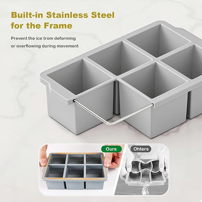 Large Ice Cube Trays for Whiskey, silicone ice cube trays with lid, Enhanced Stability with Built-in Steel Ring, 2inch Huge Cubed ice cube molds, Stackable, Easy Release, Dishwasher Safe(2Pack,Gray)