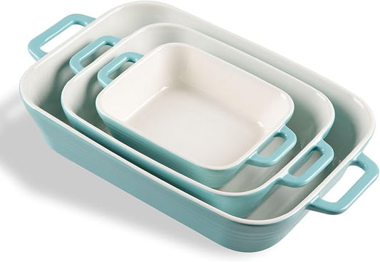 Sweejar Relief Casserole Dishes for Oven, Ceramic 9x13 Baking Pans Set for Cooking, Cake, Banquet and Daily Use, Rectangular Bakeware Set, Porcelain Baking Dish, Lasagna Pan Deep with Handles(Turquoise) by Sweejarco1949