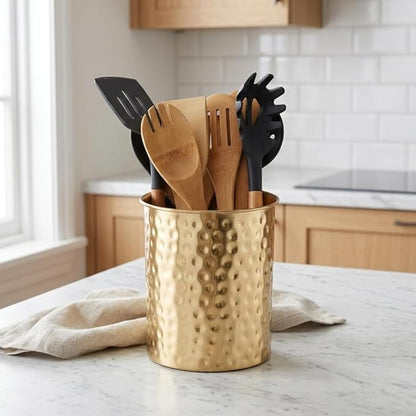 Monarch Abode Kitchen Utensil Holder – Hand Hammered Metal Brushed Gold Utensil Holder, Decorative Utensil Crock for Kitchen Counter, Cooking Tool and Spatula Holder for Countertop, Caddy Organizer - Image 2