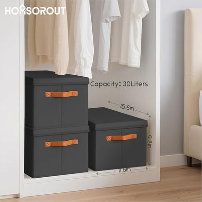 Homsorout Storage Bins with Lids - Large Fabric Closet Bins with Lid, 8 Pack Clothes Organizers and Storage, Collapsible Stackable Cube Basket for Home, Office, Dorm, Black