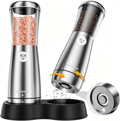 Electric Salt and Pepper Grinder Set - Automatic Stainless Steel Rechargeable Salt and Pepper Grinder Set with Storage Base, Large Capacity, LED Light & Adjustable Coarseness, Ideal Kitchen Gadget by Chunyee