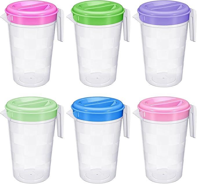Honeydak 6 Pcs 70 Oz Round Clear Plastic Pitcher with Lid & Handle for Water Iced Tea Beverages (6 Packs Assorted Color) Jarras Para Aguas Frescas Plastic Pitcher for Easy Pouring by Honeydak