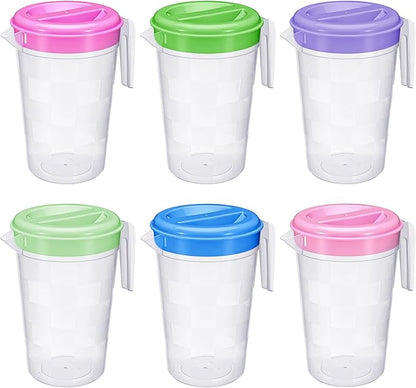 Honeydak 6 Pcs 70 Oz Round Clear Plastic Pitcher with Lid & Handle for Water Iced Tea Beverages (6 Packs Assorted Color) Jarras Para Aguas Frescas Plastic Pitcher for Easy Pouring by Honeydak