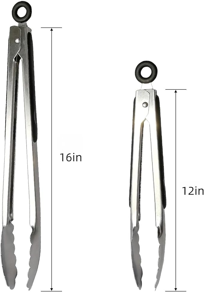 Stainless Steel Grill Tongs Set, 12" & 16" Locking BBQ Tongs, Heat Resistant Metal Food Tongs for Cooking Grilling Buffet & Kitchen