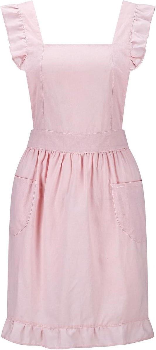Hyzrz Retro Adjustable Ruffle Aprons with Pockets for Women Girls Vintage Cross Back Pinafore Dress Maid Costume Apron