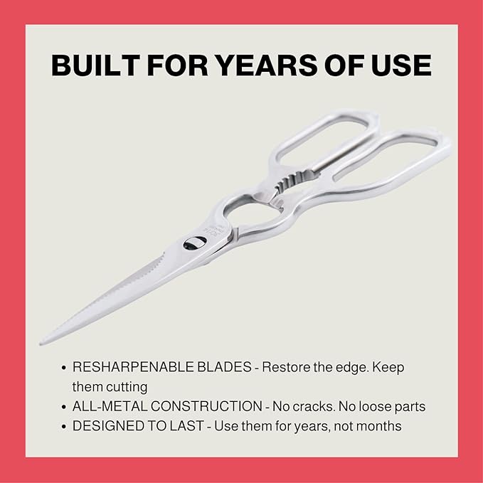 Heavy Duty Kitchen Scissors for Food — All Purpose Cooking Scissors, All Stainless Steel, No Plastic, Come-Apart Blades for Easy Cleaning, Dishwasher Safe, 5-in-1 Multi-Tool