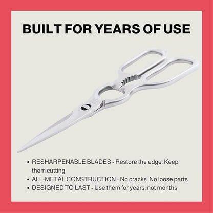 Heavy Duty Kitchen Scissors for Food — All Purpose Cooking Scissors, All Stainless Steel, No Plastic, Come-Apart Blades for Easy Cleaning, Dishwasher Safe, 5-in-1 Multi-Tool