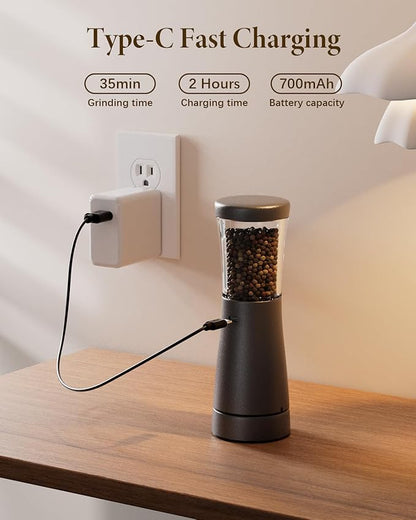 Electric Salt and Pepper Grinder Set with 4.5oz Large Capacity, Stainless Steel Rechargeable Salt and Pepper Grinder with 1.8" Wide Mouth, Storage Base,Adjustable Coarseness, and One-Hand Operation