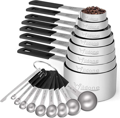 Measuring Cups & Spoons Set of 18 - Wildone Stainless Steel Nesting Measuring Cups 8 Piece and 9 Measuring Spoons, 1 Leveler, Ideal for Dry and Liquid Ingredients (Black) by Wildone