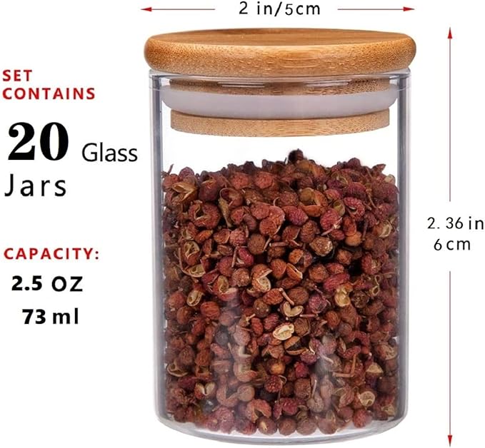 20 Pcs Glass Spice Jars with Airtight Bamboo Lids, Labels and Pen, 2.5oz Mini Clear Food Storage Containers for the Pantry, Kitchen Canisters for Tea, Herbs, Sugar, Salt, Coffee and More - Image 6