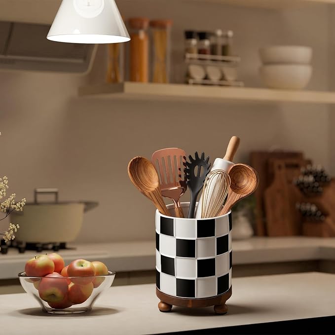 Kitchen Utensil Countertop Holder Checkered Utensil Crock with a Wooden Base 7.5 Inch Organizer Country Style Decorative for Storing Spoons Spatulas and Pot Spatulas