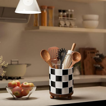 Kitchen Utensil Countertop Holder Checkered Utensil Crock with a Wooden Base 7.5 Inch Organizer Country Style Decorative for Storing Spoons Spatulas and Pot Spatulas