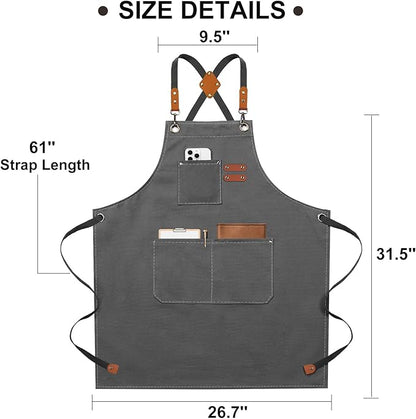 ZOMAO Chef Apron for Women Men with Large Pockets, Cotton Canvas Cross Back Waterproof Work Aprons for Kitchen Cooking Bib