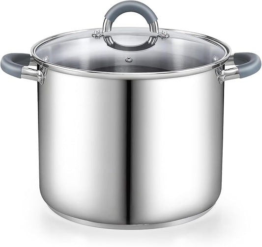 Cook N Home Stockpot with Lid, 8-Quart Basic Stainless Steel Pasta Cooking Soup Pot, Stay-Cool Silicone Handles by CookNHome