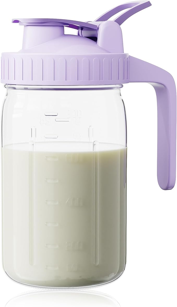 Breast Milk Pitcher, Mason Jar 32 oz, Heavy Duty Wide Mouth Jar with Purple Flip Cap Lid and Pour Spout, Formula Pitcher Airtight Seal for Freshness and Convenience, Great for Cold Beverages by OneDream