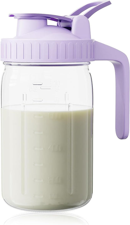 Breast Milk Pitcher, Mason Jar 32 oz, Heavy Duty Wide Mouth Jar with Purple Flip Cap Lid and Pour Spout, Formula Pitcher Airtight Seal for Freshness and Convenience, Great for Cold Beverages by OneDream